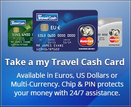 Take a my Travel Cash Card available in Euros, US Dollars or Multi-Currency. Chip & Pin protects your money with 24/7 assistance.